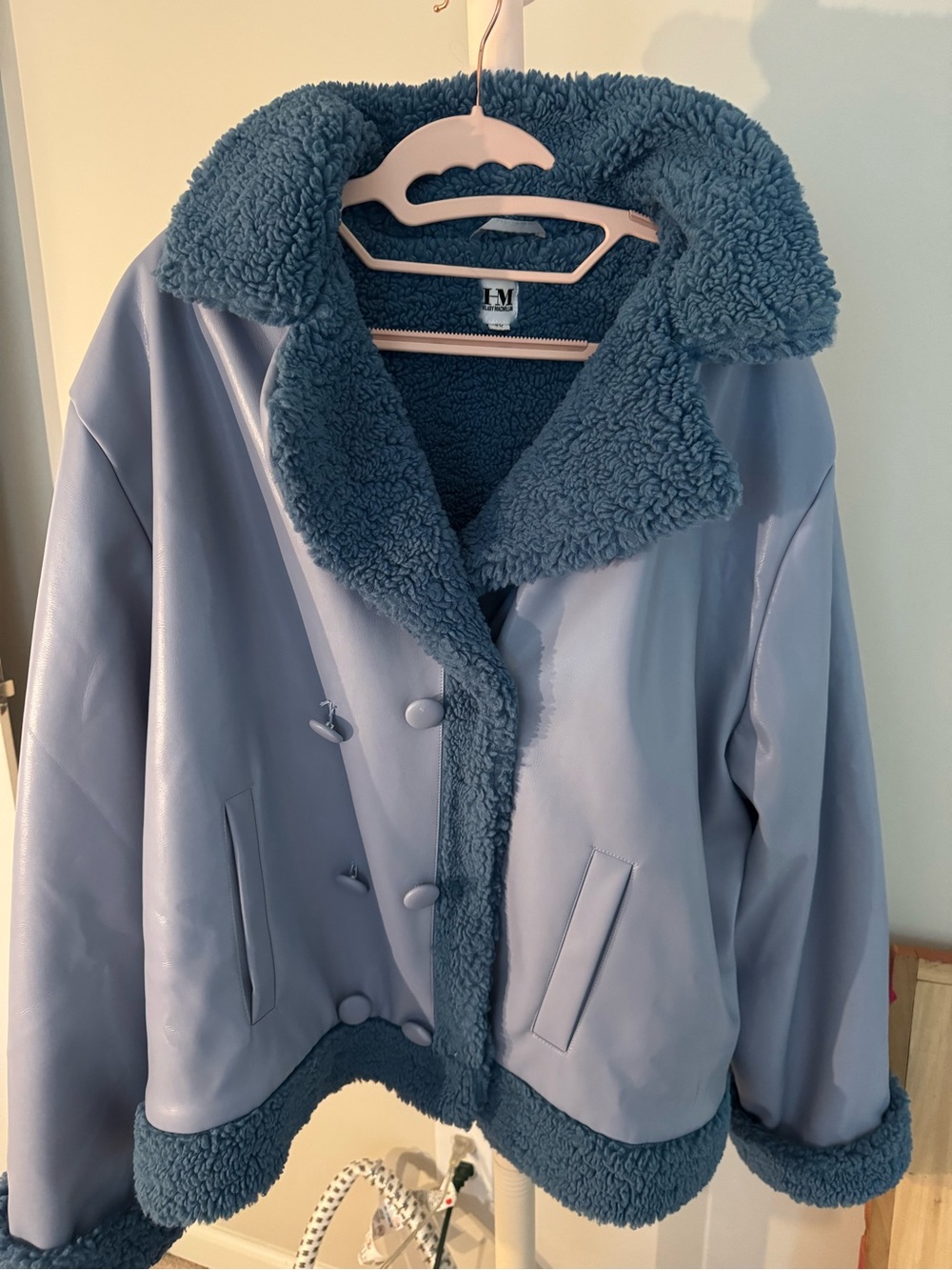 Light Blue Teddy Jacket with Shearling Trim purchased at wolf and badger